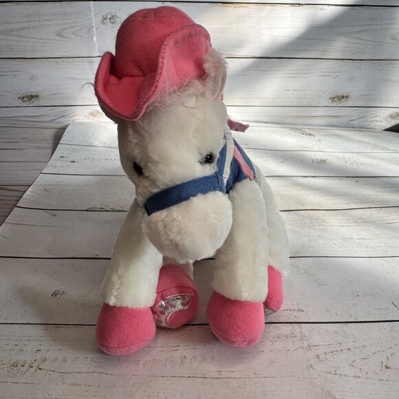 Aurora Cowboy Horse Plush White Pink Hat Bandana Boots Stuffed Animal 8" Toy - Picture 5 of 11